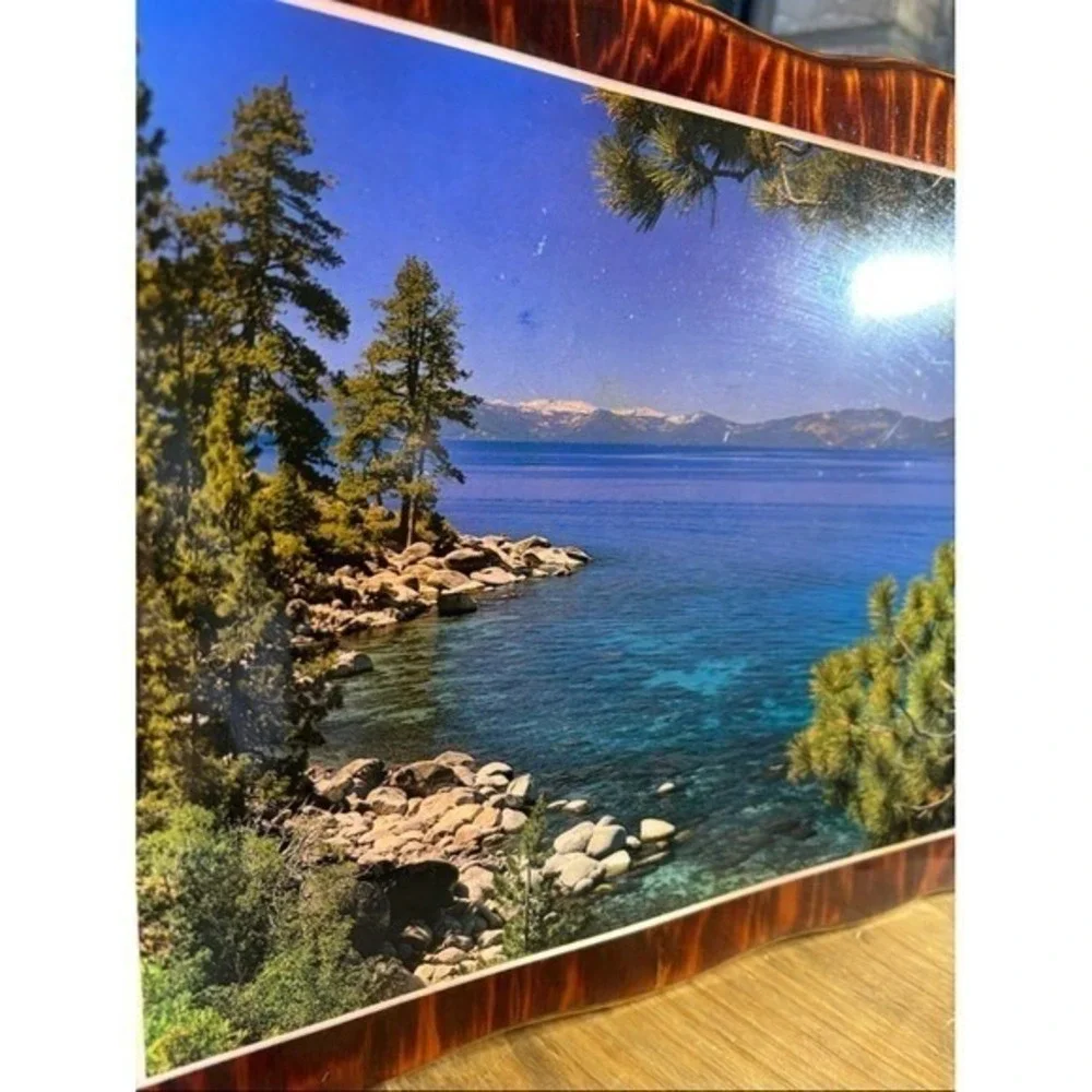 Vintage Lake Tahoe Mountains Landscape Art Print Glossy Wood 70/80s 12